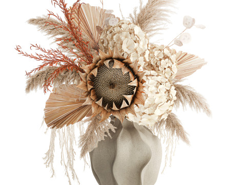 Bouquet fleurs séchées branches feuille de palmier hortensia vase décor Modèle 3D