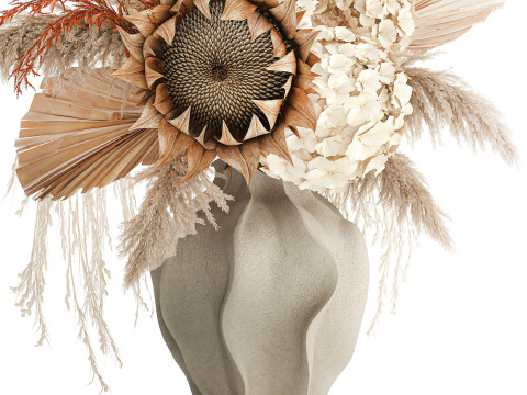 Bouquet fleurs séchées branches feuille de palmier hortensia vase décor Modèle 3D