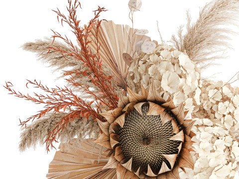 Bouquet fleurs séchées branches feuille de palmier hortensia vase décor Modèle 3D