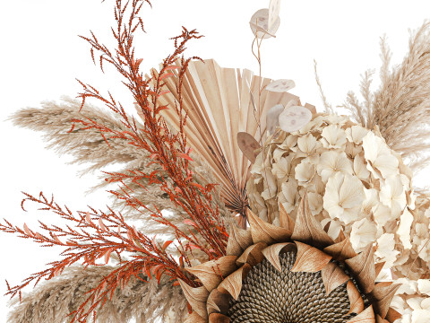 Bouquet fleurs séchées branches feuille de palmier hortensia vase décor Modèle 3D