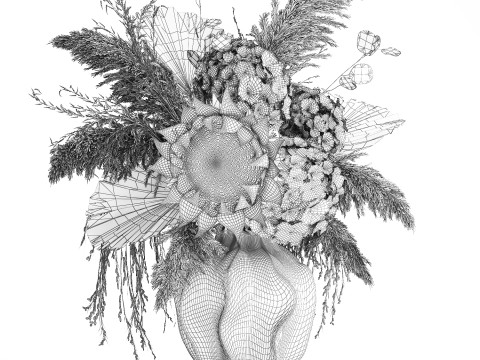 Bouquet fleurs séchées branches feuille de palmier hortensia vase décor Modèle 3D