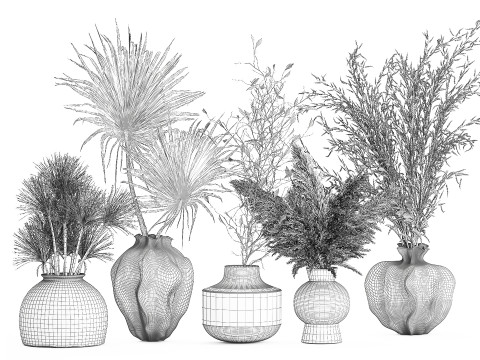 コレクションドライフラワーブーケススキの枝花瓶セット 3Dモデル