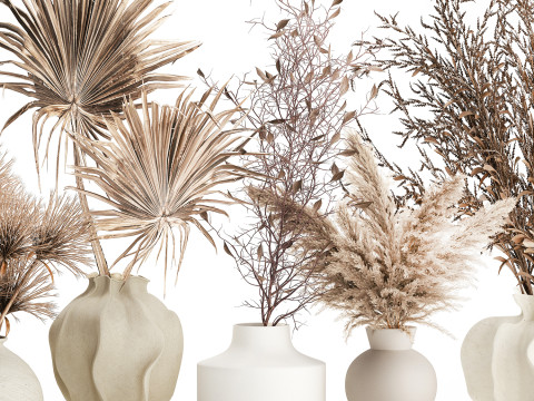 コレクションドライフラワーブーケススキの枝花瓶セット 3Dモデル