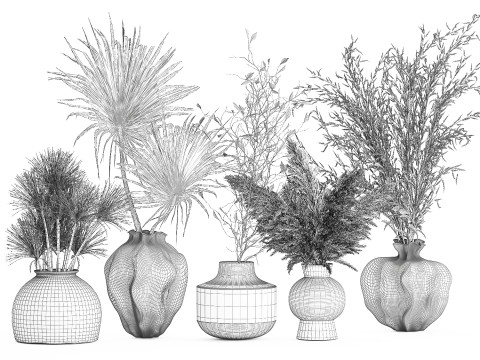 コレクションドライフラワーブーケススキの枝花瓶セット 3Dモデル