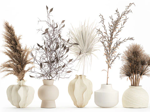 Kleine minimalistische droogbloemboeketten als decor van een takvaas 3D Model