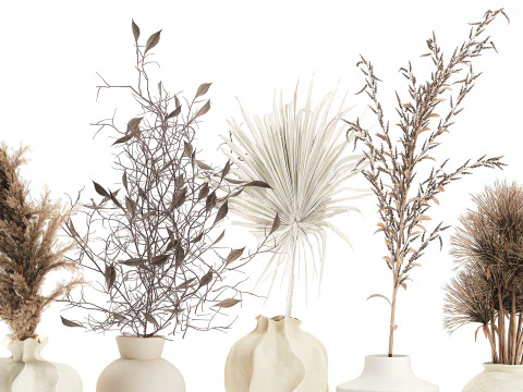 Kleine minimalistische droogbloemboeketten als decor van een takvaas 3D Model