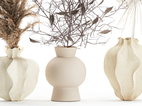 Kleine minimalistische droogbloemboeketten als decor van een takvaas 3D Model