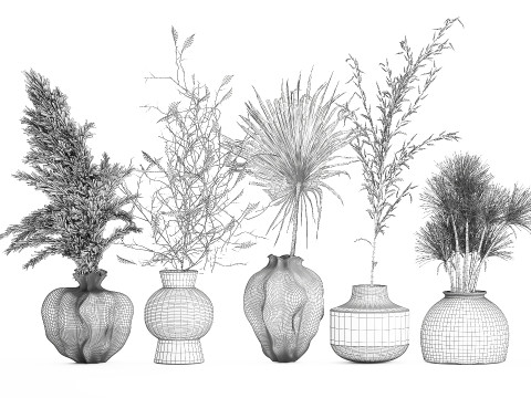 Kleine minimalistische Trockenblumensträuße als Zweig-Vasen-Dekor 3D Modell