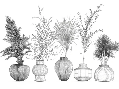 Kleine minimalistische droogbloemboeketten als decor van een takvaas 3D Model