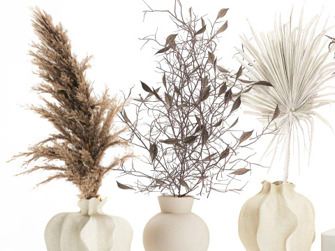 Kleine minimalistische droogbloemboeketten als decor van een takvaas 3D Model