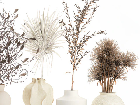 Kleine minimalistische droogbloemboeketten als decor van een takvaas 3D Model