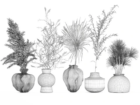 Kleine minimalistische droogbloemboeketten als decor van een takvaas 3D Model