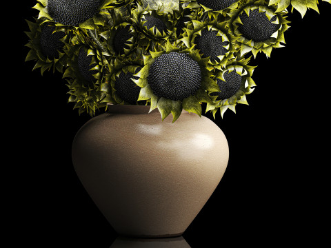 Buket realistis bunga matahari hijau dekorasi vas keramik baru Model 3D