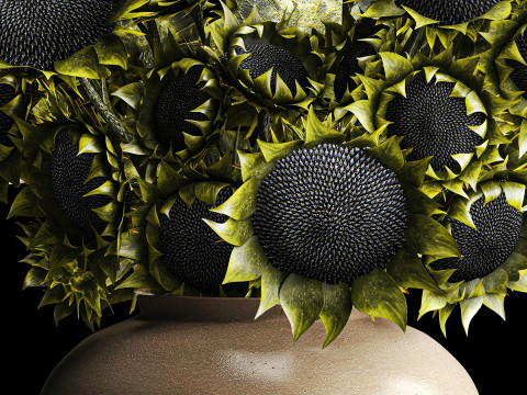 Buket realistis bunga matahari hijau dekorasi vas keramik baru Model 3D