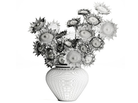 Buket realistis bunga matahari hijau dekorasi vas keramik baru Model 3D