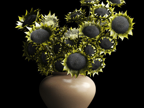 Buket realistis bunga matahari hijau dekorasi vas keramik baru Model 3D