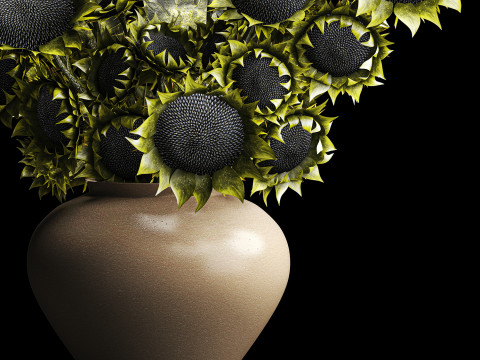Buket realistis bunga matahari hijau dekorasi vas keramik baru Model 3D