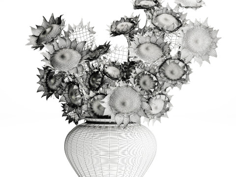 Buket realistis bunga matahari hijau dekorasi vas keramik baru Model 3D