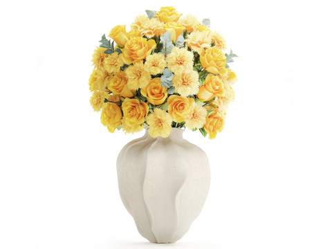 Realistic bouquet yellow flowers carnations roses vase decor new 3D Model
