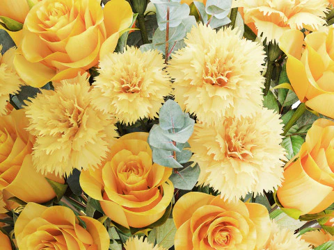 Realistic bouquet yellow flowers carnations roses vase decor new 3D Model
