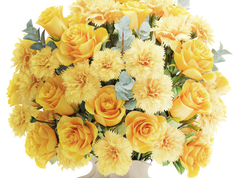 Реалистичный букет желтые цветы гвоздики розы ваза декор новый 3D Модель