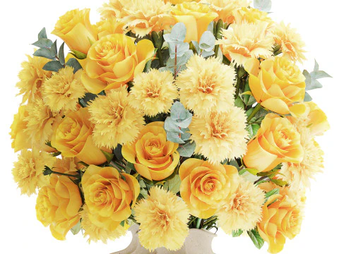Realistic bouquet yellow flowers carnations roses vase decor new 3D Model