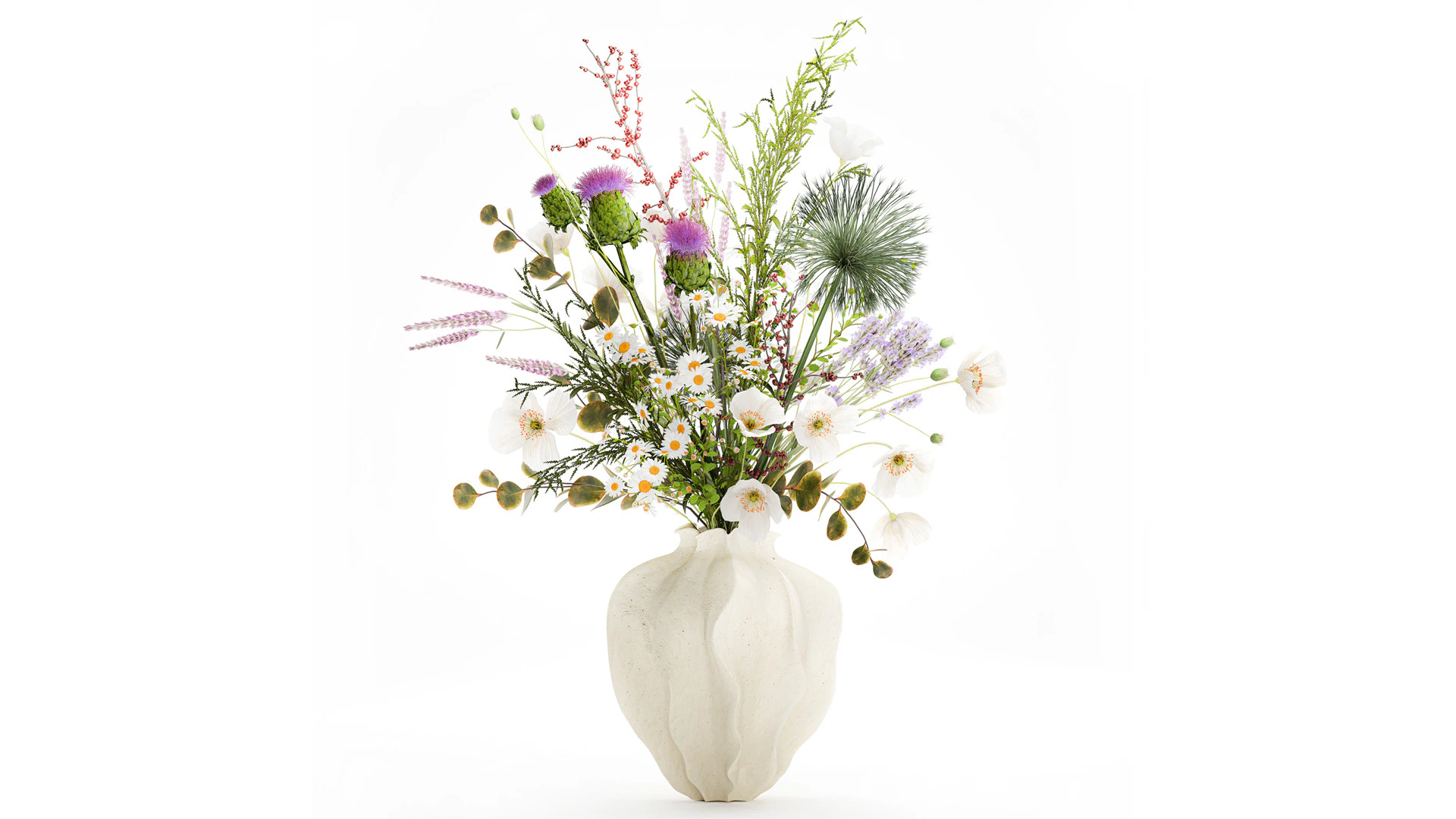 Lindo buquê de flores silvestres, papoula, vaso de camomila Modelo 3D .c4d .max .obj .3ds .fbx .stl .blend