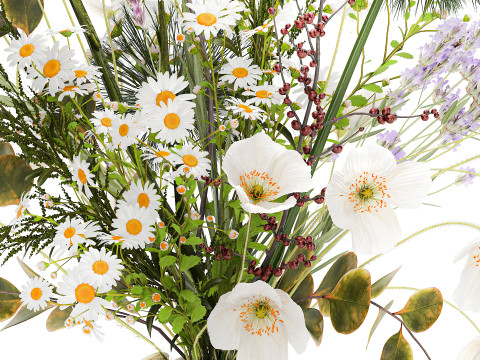 Beautiful bouquet wildflowers poppy chamomile vase 3D Model