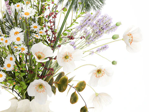 Lindo buqu&ecirc; de flores silvestres, papoula, vaso de camomila Modelo 3D