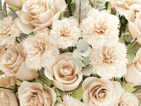 Beautiful Bouquet Beige Flowers Rose Carnation New vase decor 3D Model
