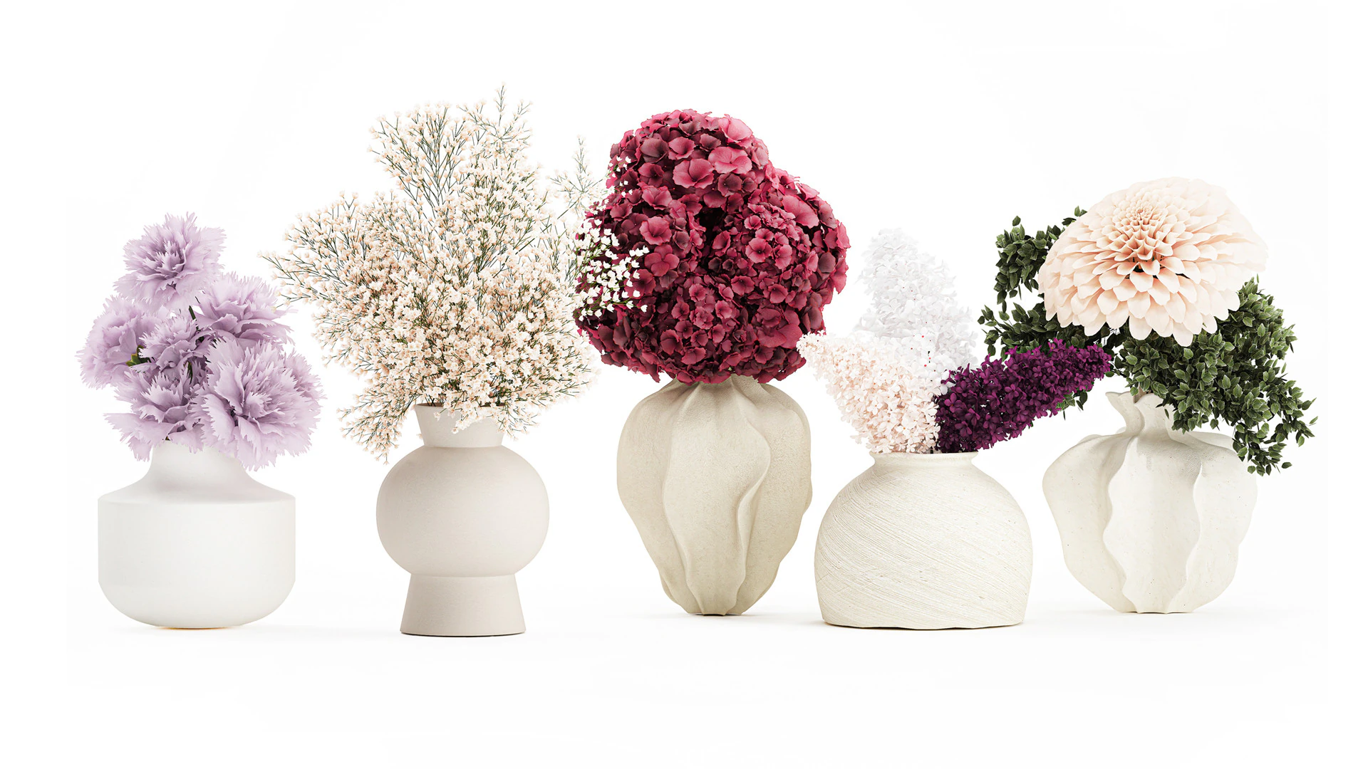 Collection bouquets lilac gypsophila hydrangea set vase decor 3D Model .c4d .max .obj .3ds .fbx .stl .blend 