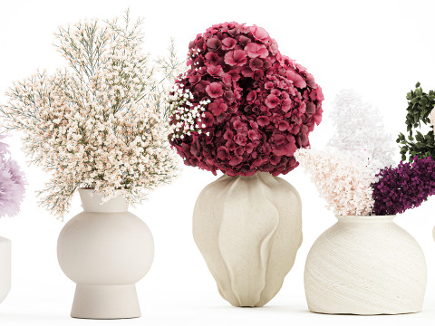 Collection bouquets lilac gypsophila hydrangea set vase decor 3D Model