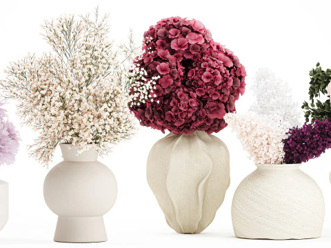 Collection bouquets lilac gypsophila hydrangea set vase decor 3D Model