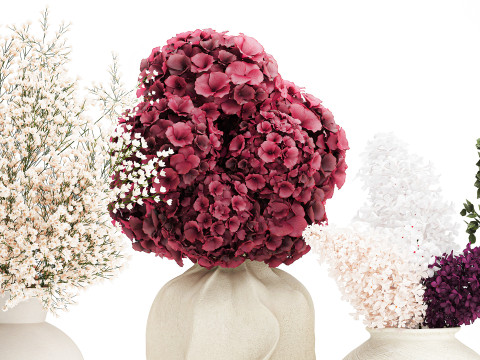 Collection bouquets lilac gypsophila hydrangea set vase decor 3D Model