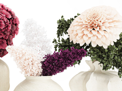 Collection bouquets lilac gypsophila hydrangea set vase decor 3D Model