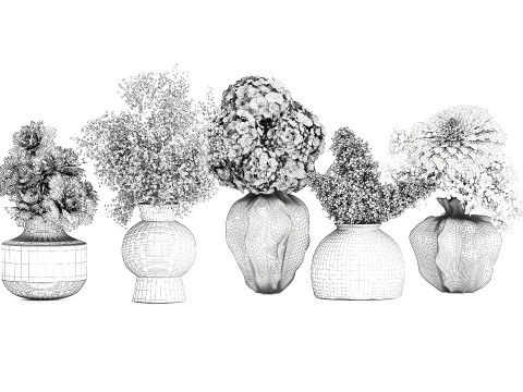 Collection bouquets lilac gypsophila hydrangea set vase decor 3D Model