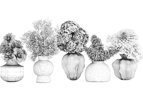 Collection bouquets lilac gypsophila hydrangea set vase decor 3D Model
