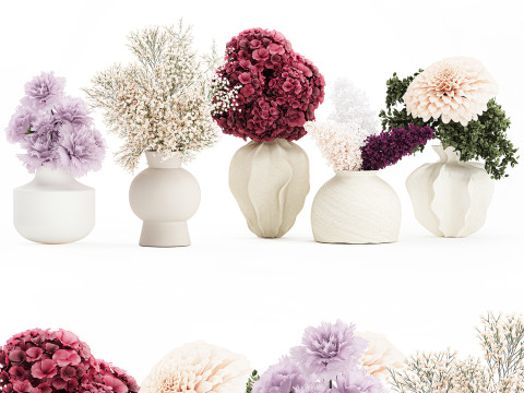 Collection bouquets lilac gypsophila hydrangea set vase decor 3D Model