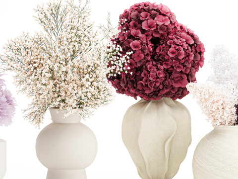 Collection bouquets lilac gypsophila hydrangea set vase decor 3D Model
