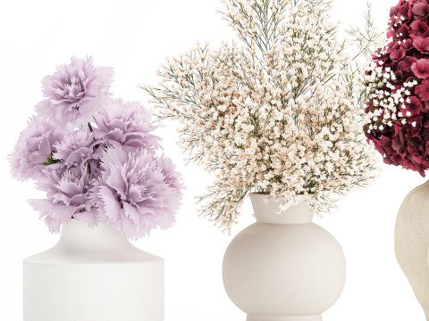 Collection bouquets lilac gypsophila hydrangea set vase decor 3D Model