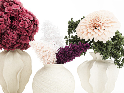Collection bouquets lilac gypsophila hydrangea set vase decor 3D Model