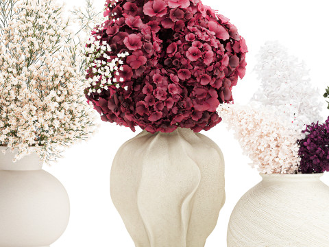 Collection bouquets lilac gypsophila hydrangea set vase decor 3D Model