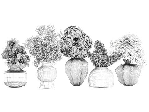Collection bouquets lilac gypsophila hydrangea set vase decor 3D Model