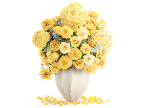 Resmi buket sarı çiçekler gül şakayık ortanca vazo dekoru 3D Model