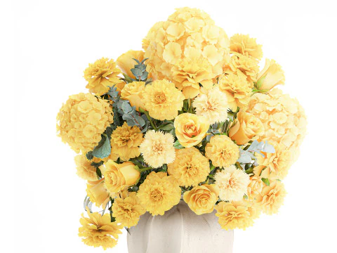 Formeel boeket gele bloemen roos pioenroos hortensia vaas decor 3D Model