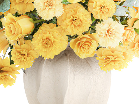 Formal bouquet yellow flowers rose peony hydrangea vase decor 3D Model