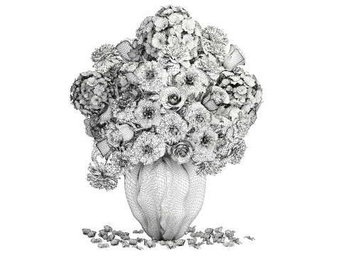 Formeel boeket gele bloemen roos pioenroos hortensia vaas decor 3D Model