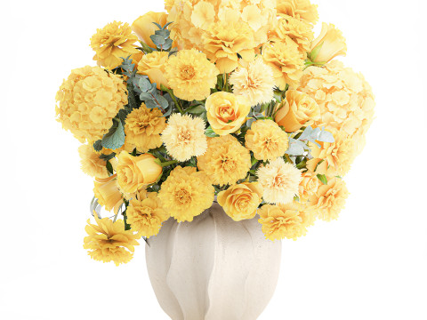 Formal bouquet yellow flowers rose peony hydrangea vase decor 3D Model