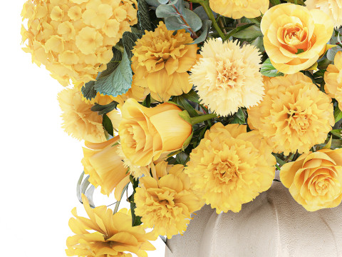 Formal bouquet yellow flowers rose peony hydrangea vase decor 3D Model