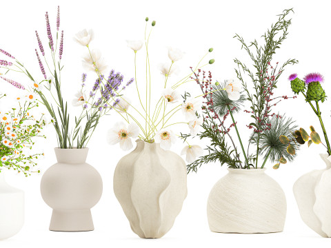 Collection small bouquets poppy lavender flowers vase set 3D Model